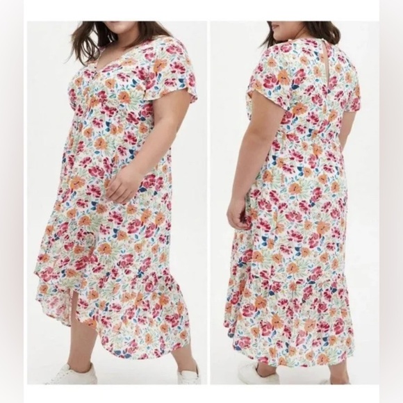 Torrid Floral Hi-low Flutter Sleeve Ivory Gauze Button Front Tea-Length Dress 3X - Picture 3 of 15